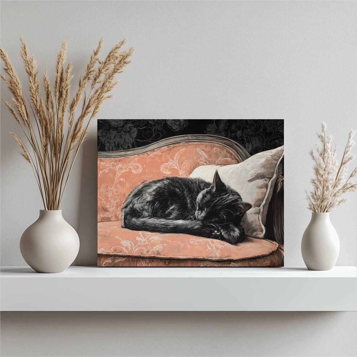 Sleeping Black Cat On Pink Vintage Sofa Cozy Feline Portrait Poster