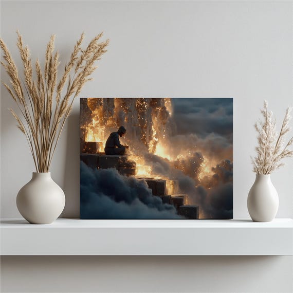 Celestial Builder Canvas Wall Art Glowing Stone Fantasy Scene With Golden Light Clouds Starry Sky Steps Cosmic Spiritual Decor Print