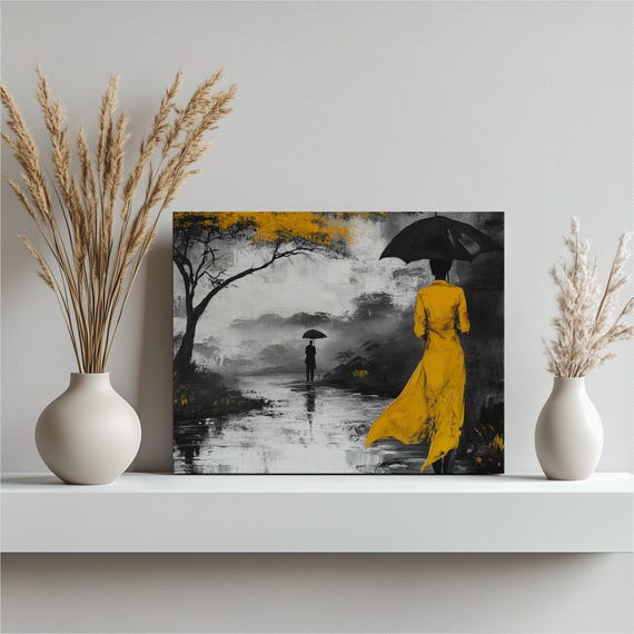 Autumn Umbrella Canvas Wall Art Print Monochrome Landscape Painting With Vibrant Yellow Figures Modern Decor Unique Gift For Lovers