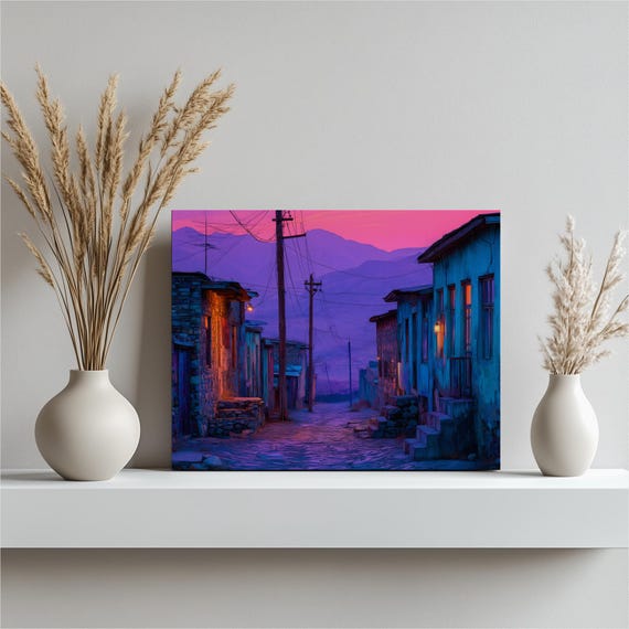 Twilight Village Street Canvas Wall Art Rustic Decor Stone House Print Mountain Sunset Landscape Colorful Cobblestone Path
