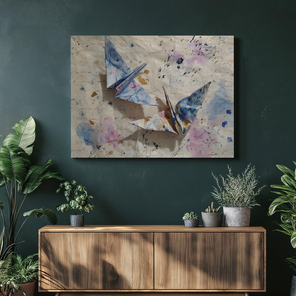 Abstract Origami Cranes Canvas Wall Art Modern Mixed Media With Watercolor Splashes Calligraphy Script Paper Crane Print Blue Pink Decor G