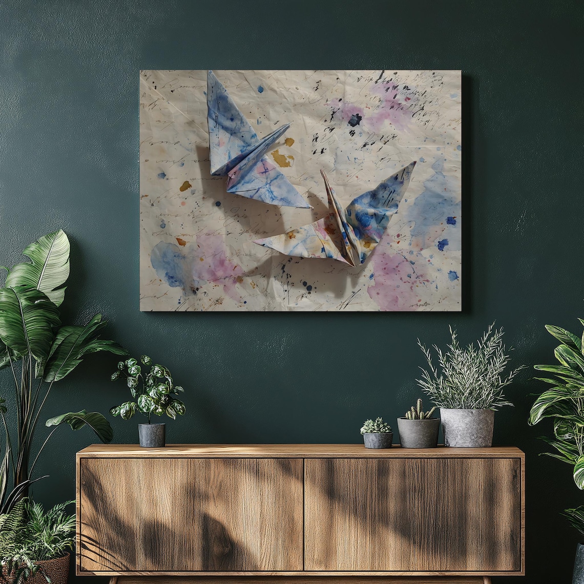 Origami Cranes Watercolor Splash Mixed Media Paper Cranes Art Print