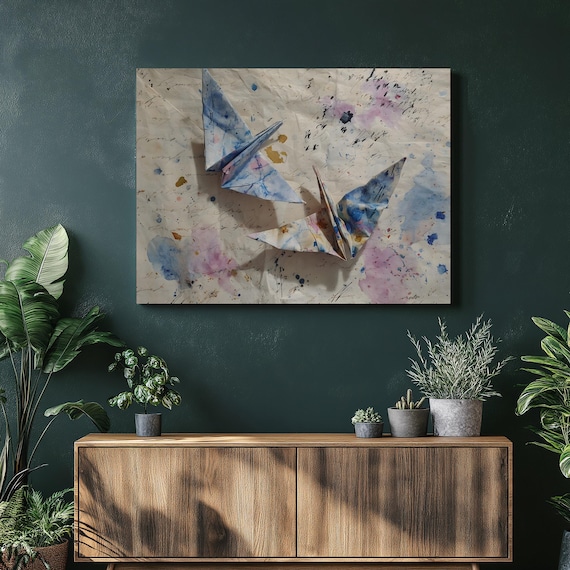 Abstract Origami Cranes Canvas Wall Art Modern Mixed Media With Watercolor Splashes Calligraphy Script Paper Crane Print Blue Pink Decor G