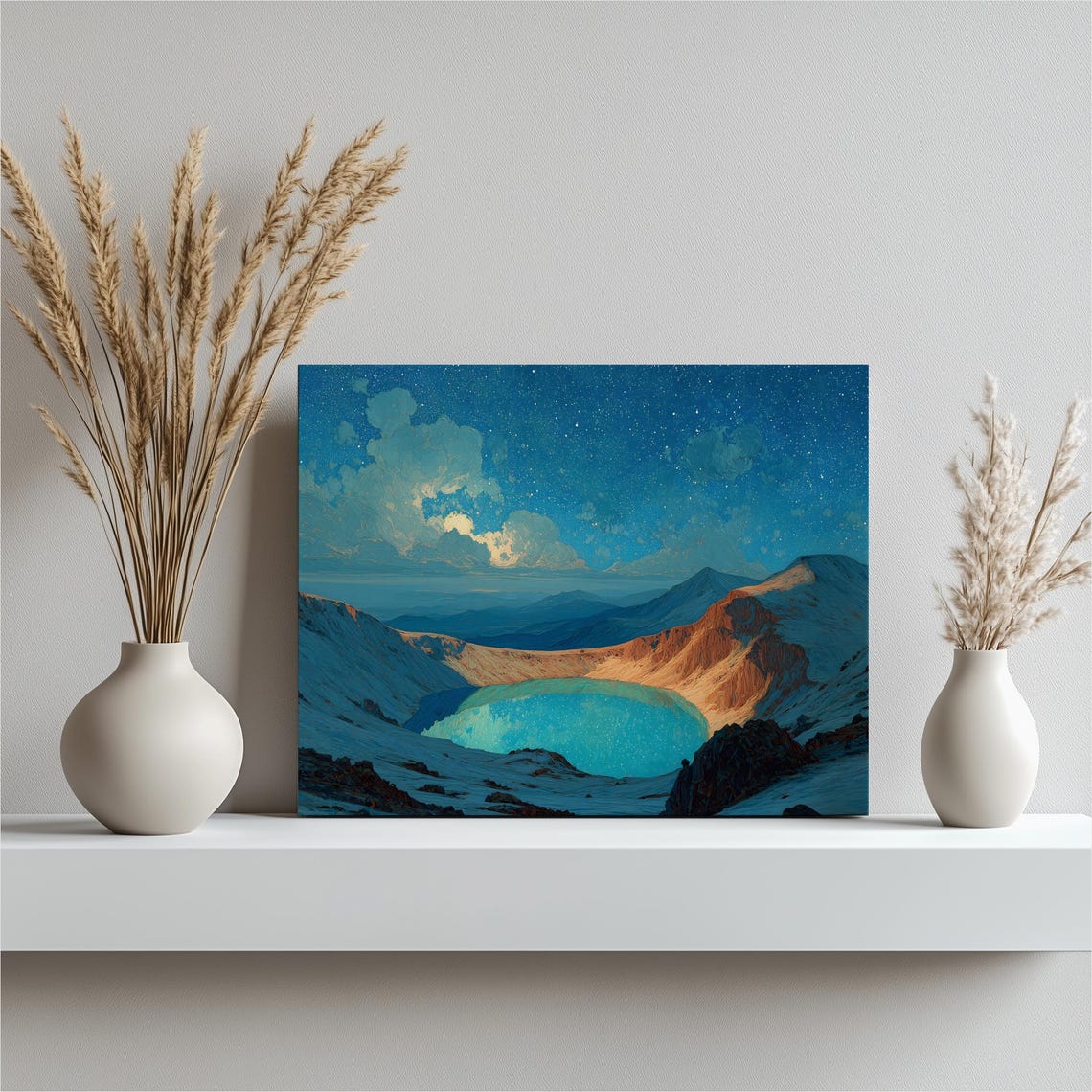 Starry Night Over a Glowing Turquoise Mountain Lake Landscape Poster