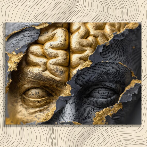 Surreal Golden Brain Canvas Wall Art Abstract Gold Sculpture Concept Painting Modern Decor Neuroscience Inspired Fine Print