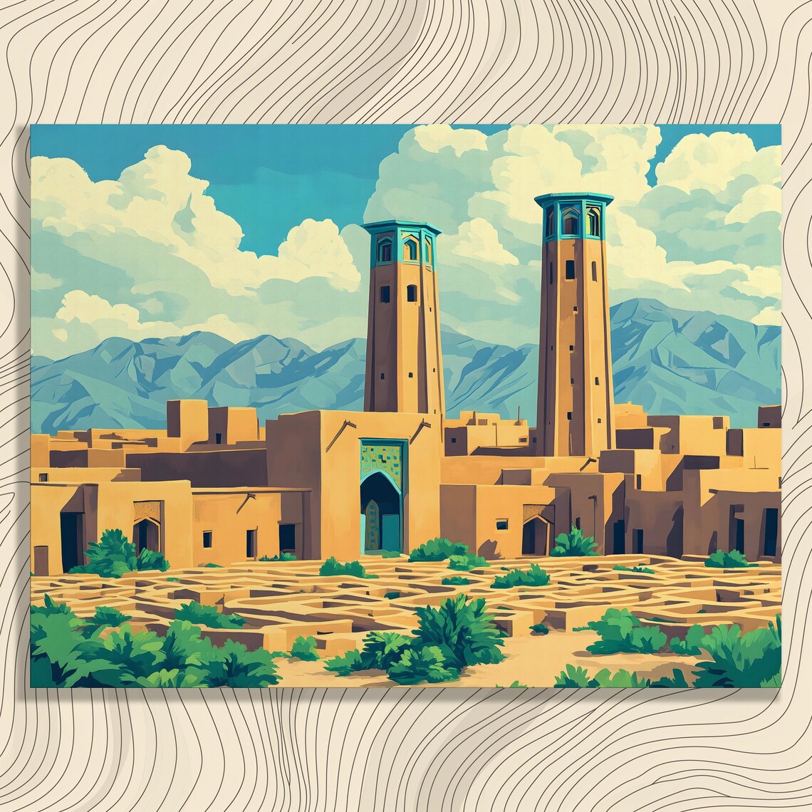 Ancient Desert City with Twin Minarets Old Town Travel Art Poster