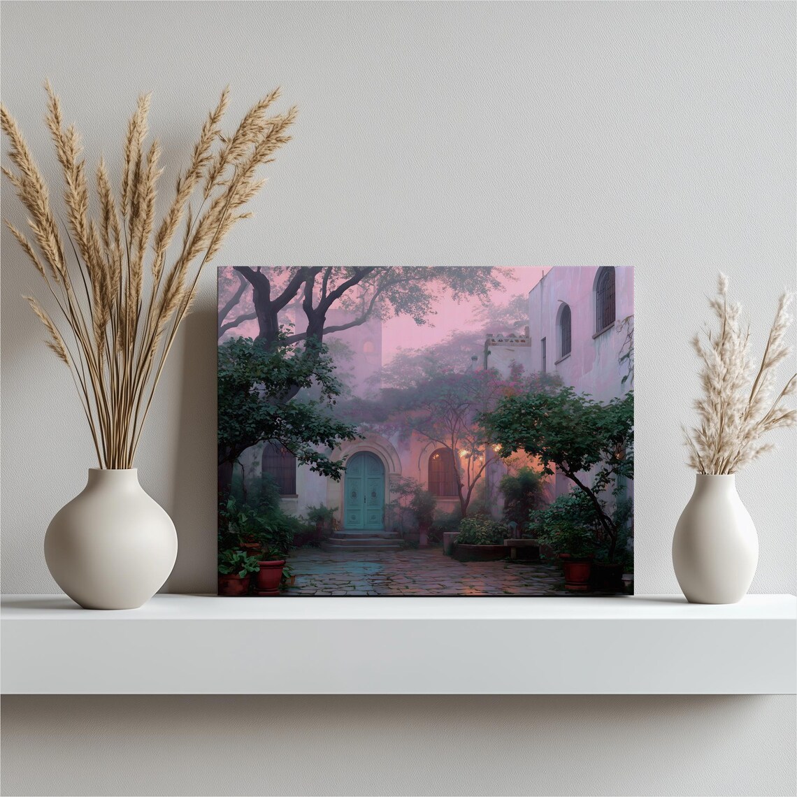 Mediterranean Courtyard Turquoise Arched Doorway Pink Dusk Poster