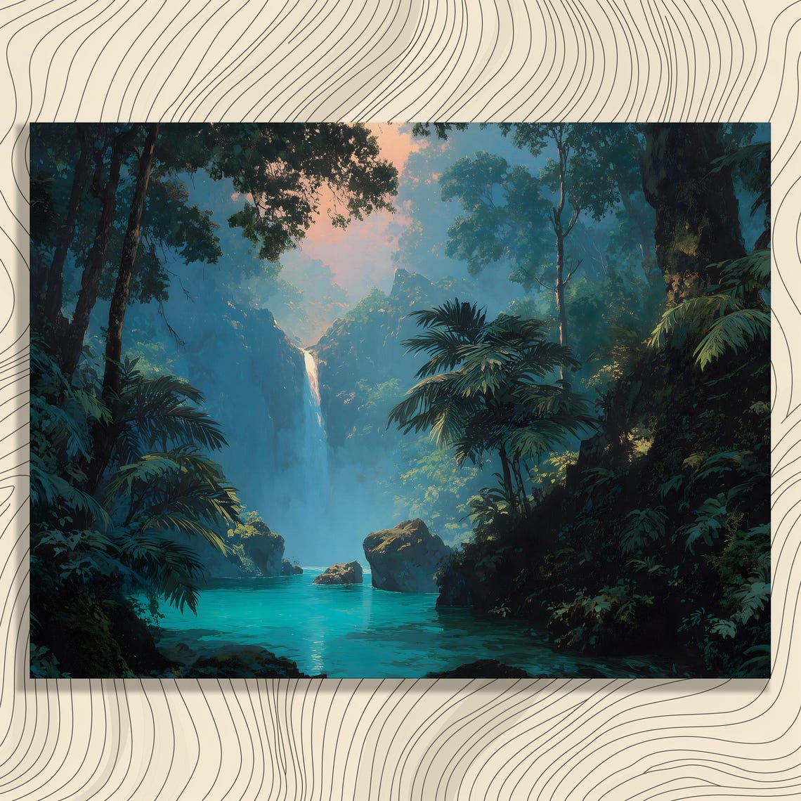 Tropical Waterfall Lagoon Canvas Wall Art Rainforest Jungle Landscape Botanical Artwork Nature Print Sunlight Foliage Turquoise Water