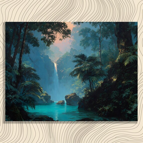 Tropical Waterfall Lagoon Rainforest Jungle Landscape Poster