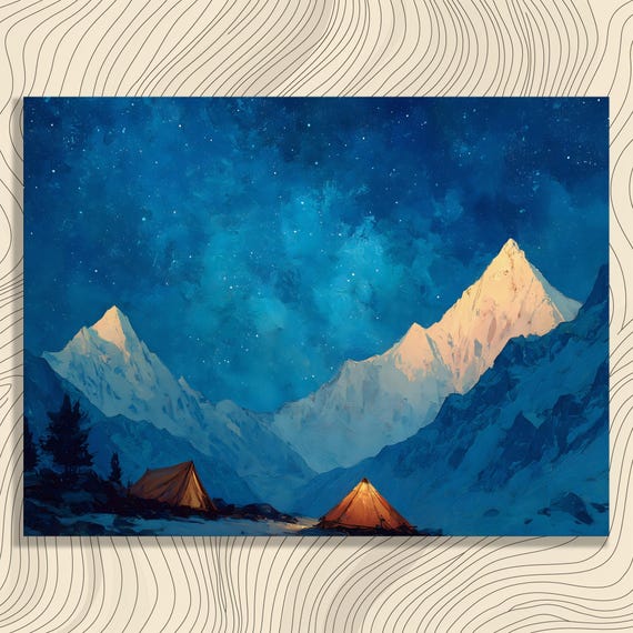 Starry Mountain Camping Canvas Wall Art Sky Painting Nature Blue Night Print Gifts For Hikers