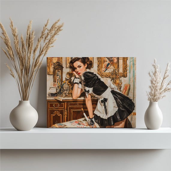 French Maid Pinup Canvas Wall Art Vintage Baroque Retro Illustration Playing Cards Print Decor Painting Gift For Fans