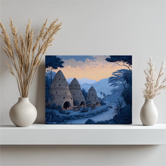 Tropical River Village Canvas Wall Art Sunset Jungle Landscape Stone Dwellings Rustic Primitive Mountain Mist Print Nature Decor