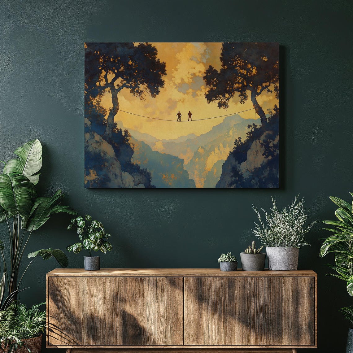 Slackline Tightrope Balance Canvas Print Sunset Mountain Adventure