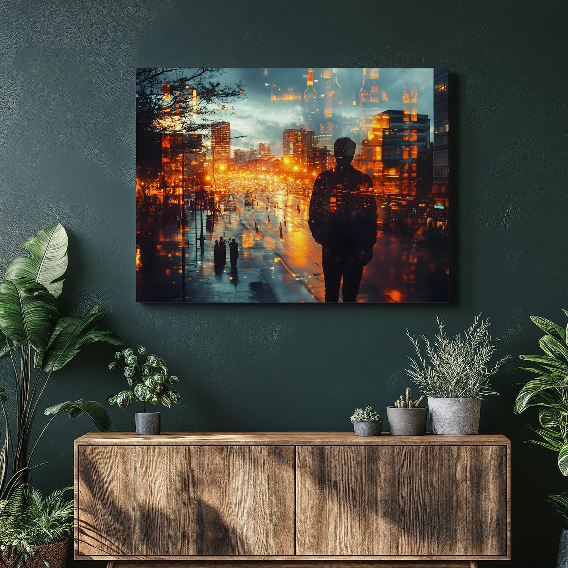 City Lights Silhouette Canvas Wall Art Double Exposure Urban Night Skyline With Rainy Street Reflections Print Home Decor