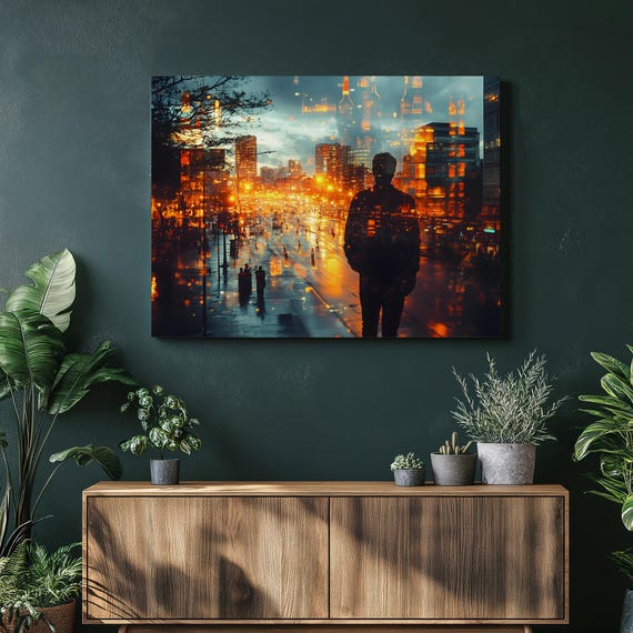 City Lights Silhouette Canvas Wall Art Double Exposure Urban Night Skyline With Rainy Street Reflections Print Home Decor