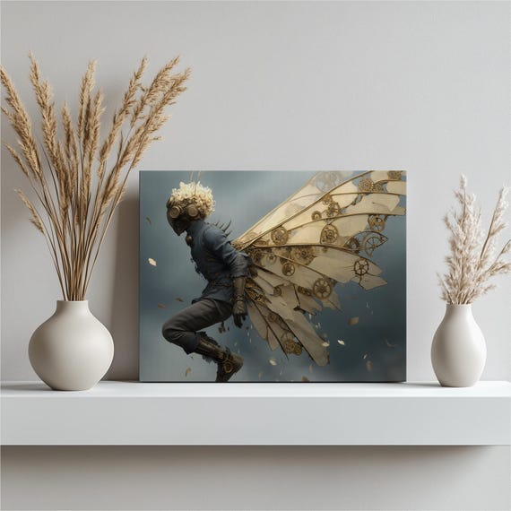 Clockwork Wings Canvas Wall Art Brass Gear Mechanical Fantasy Character In Smoky Sky Surreal Industrial Decor Print For Modern Homes