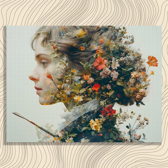 Floral Woman Profile Canvas Wall Art Botanical Portrait With Wildflowers And Quill Pen