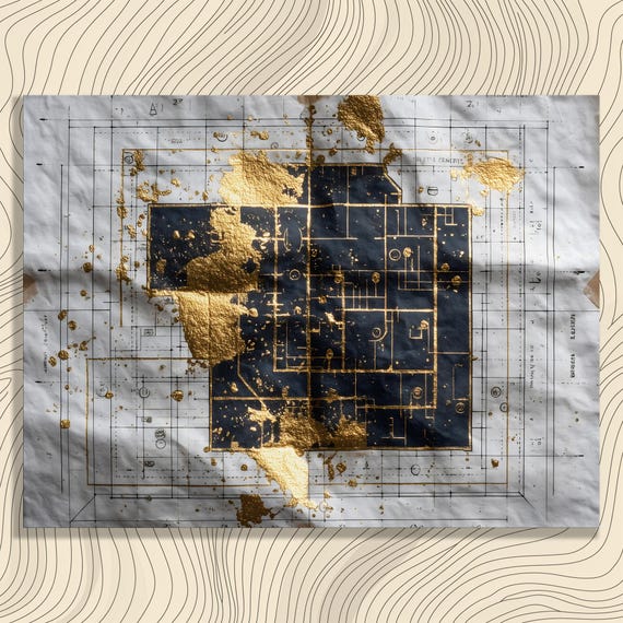 Modern Blueprint Canvas Wall Art Architectural Floor Plan Gold Leaf Print Mixed Media Painting Contemporary Decor Gift For Architects