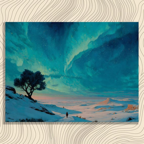 Northern Lights Canvas Wall Art Night Sky Painting Winter Landscape Tree Silhouette Surreal Nature Large Prints Gift For Hikers