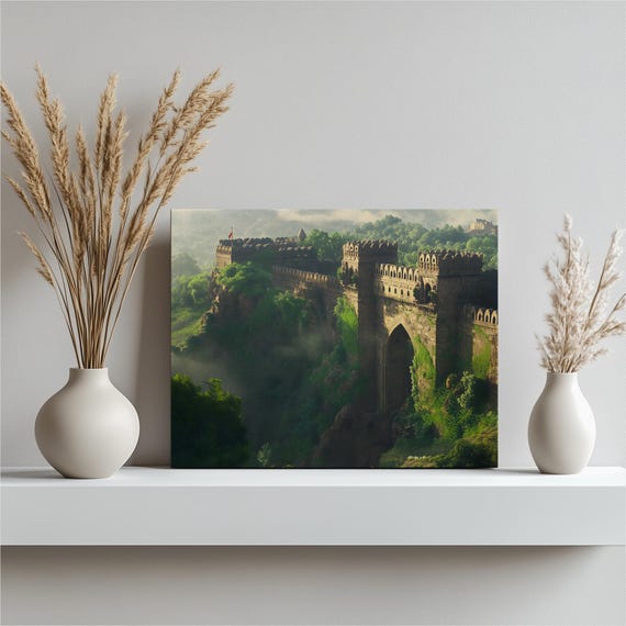 Rohtas Fort Canvas Wall Art Historic Pakistani Hilltop Castle Landscape With Lush Greenery