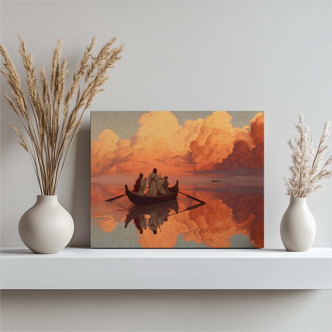 Biblical Sunset Boat Orange Cloud Reflections Calm Waters Poster