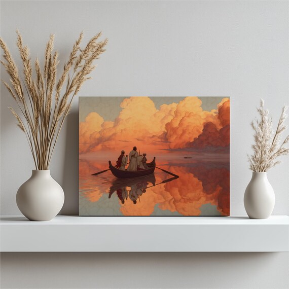 Biblical Sunset Boat Orange Cloud Reflections Calm Waters Poster