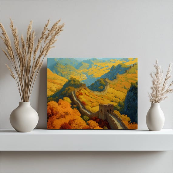 China Great Wall Canvas Art Autumn Landscape Fall Foliage Mountain Print Golden Scenery Historic Landmark Travel Decor