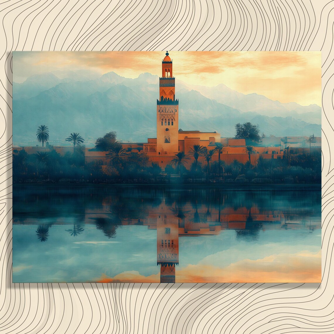Sunset Mosque Minaret Reflected in Still Water with Palms Travel Landscape Poster