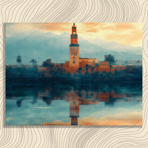 Sunset Mosque Reflection Canvas Wall Art Vintage Impressionist Landscape Print With Tropical Palms Watercolor Nature Gift For Travelers