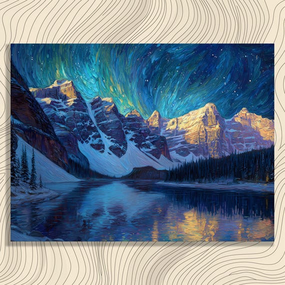 Northern Lights Night Canvas Wall Art Colorful Mountain Lake Painting Sky Reflection Nature Decor Print Gift Aurora Pine Forest