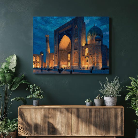 Colorful Islamic Architecture Canvas Wall Art Registan Square Samarkand Uzbekistan Blue Gold Mosaic Minarets Dome At Twilight Travel Decor