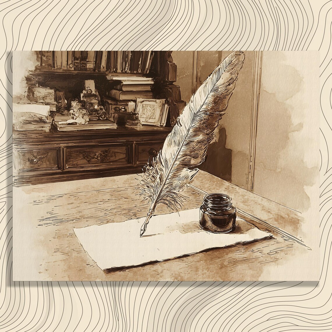 Vintage Quill Pen Inkpot Parchment Sepia Illustration Poster