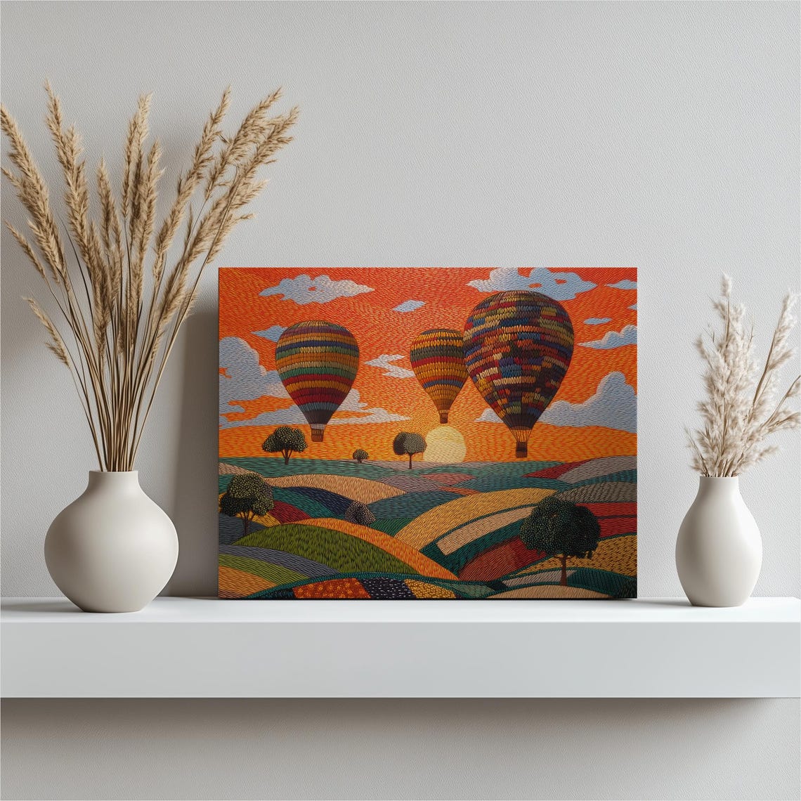 Hot Air Balloon Patchwork Fields Sunrise Textile Style Print