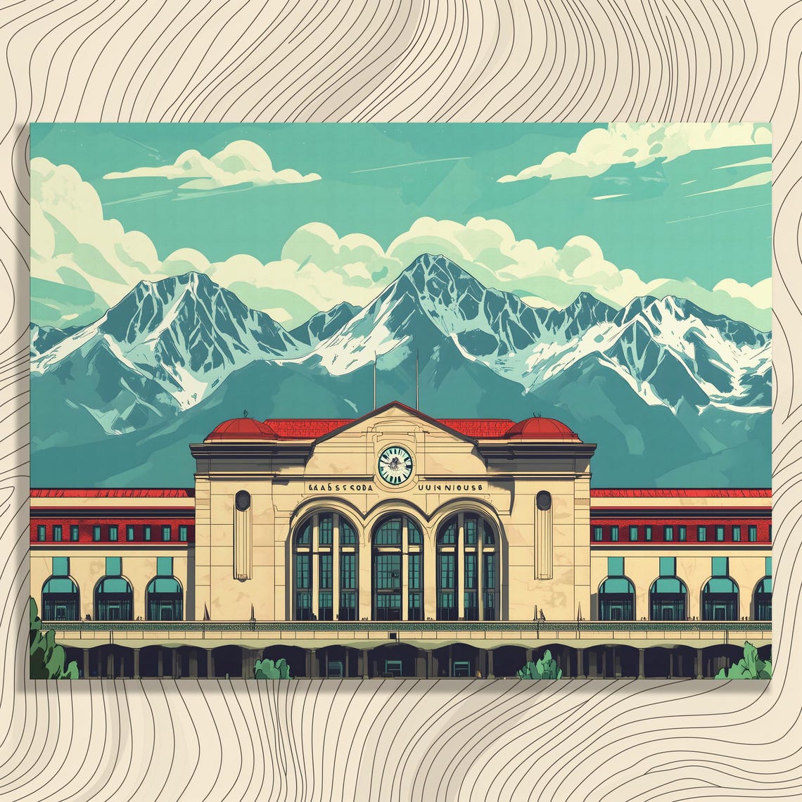 Vintage Train Station Clock Tower Snowy Mountains Retro Travel Poster