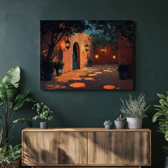 Moroccan Courtyard Lantern Canvas Wall Art Marrakech Night Scene With Terracotta Walls Arched Turquoise Door Lanterns Glowing Shadows