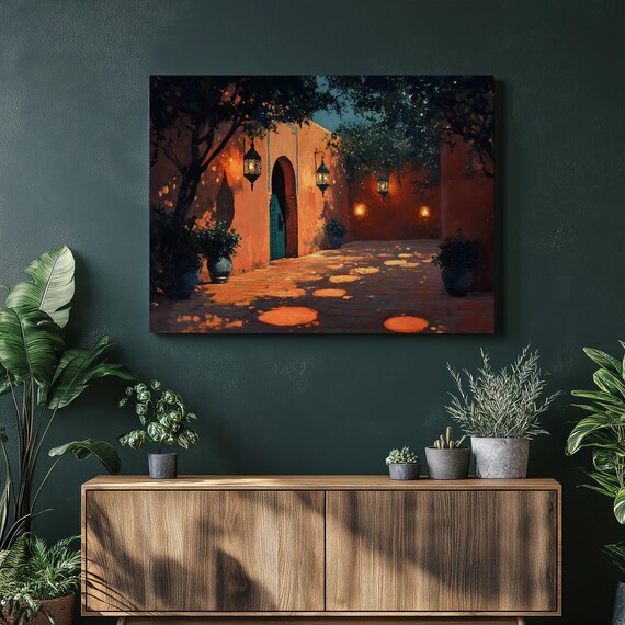 Moroccan Courtyard Lantern Glow Marrakech Night Scene Canvas Wall Art