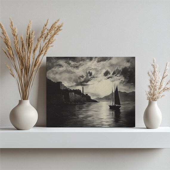 Monochrome Sailboat Seascape Dramatic Coastal Canvas Art Poster