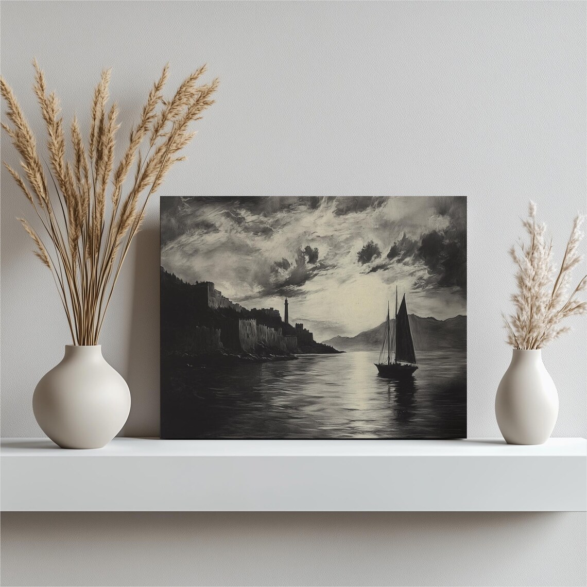 Monochrome Sailboat Seascape Dramatic Coastal Canvas Art Poster