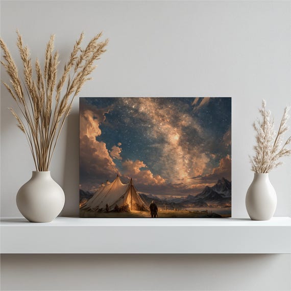 Milky Way Camp Canvas Wall Art Fantasy Night Sky Painting Mountains Lake Tent Campfire Stars Print Outdoor Decor Gift