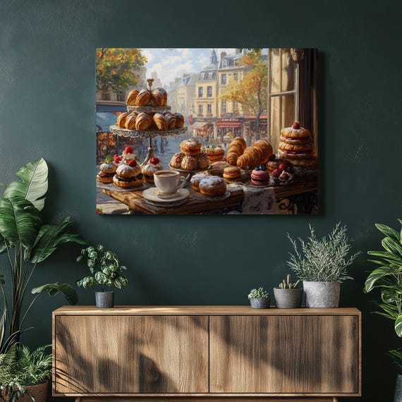Paris Pastry Cafe Canvas Wall Art Croissants And Macarons With Coffee In A Charming Patisserie Window View French Bakery Decor Print