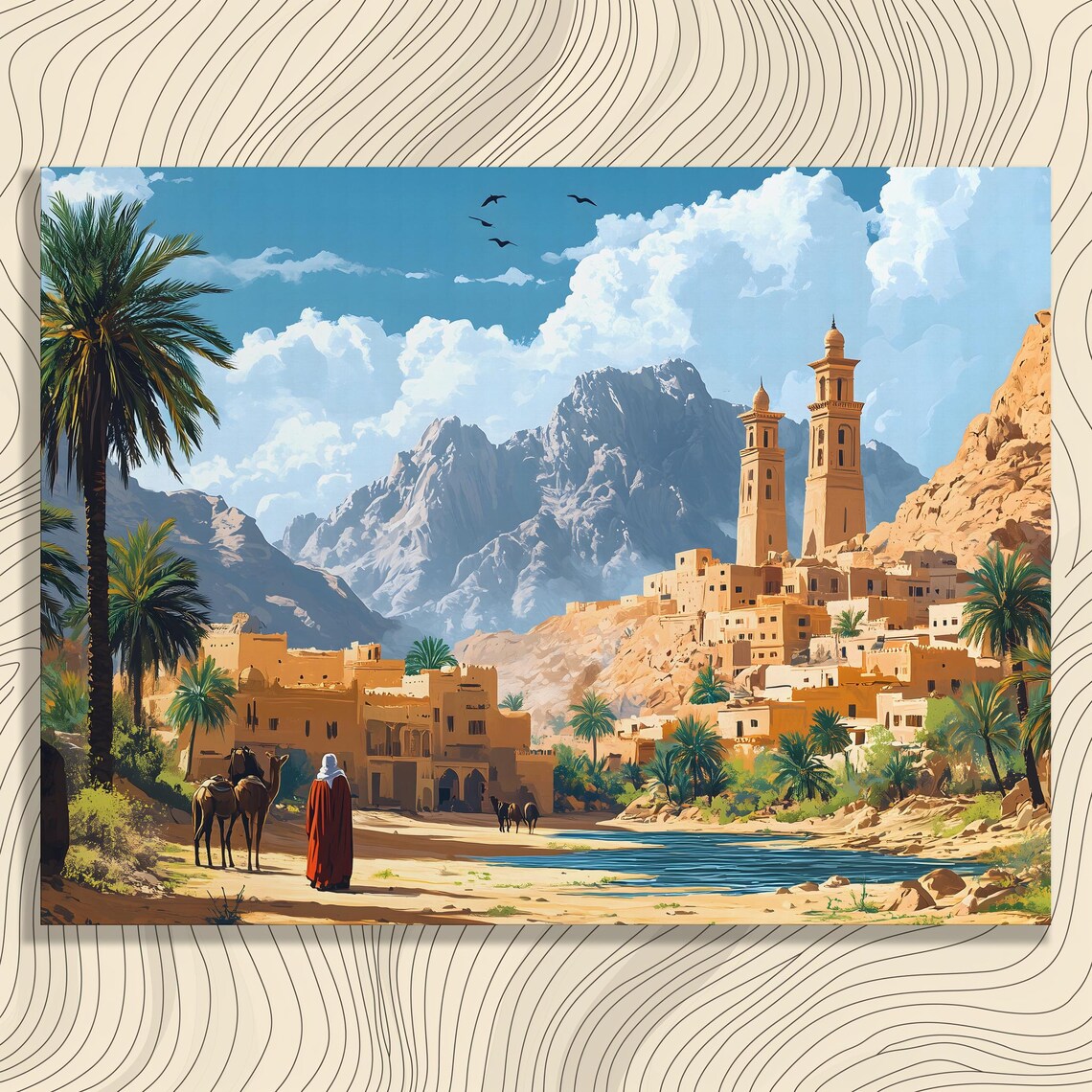 Desert Oasis Village with Mosque Minarets Palms and Camels Painting Poster
