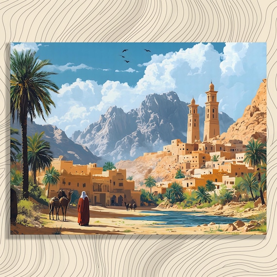 Desert Oasis Village with Mosque Minarets Palms and Camels Painting Poster