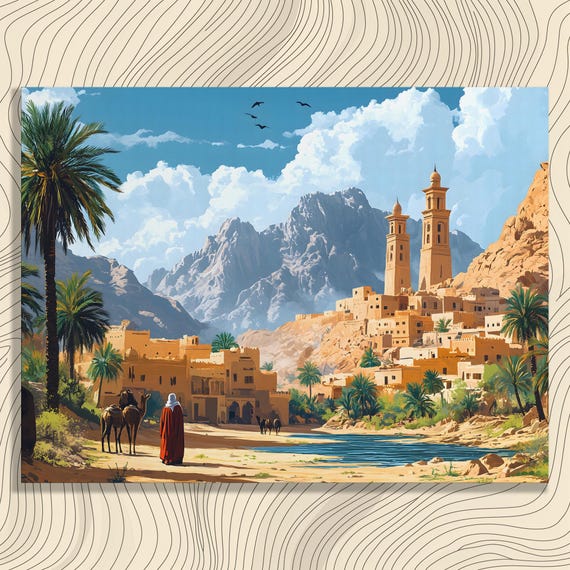 Desert Village Canvas Wall Art Landscape Palm Tree Painting Camel In Bedouin Tents Arabian Culture World Heritage Sites