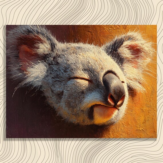 Koala Canvas Wall Art Modern Textured Oil Impasto Australian Animal Portrait Painting Neutral Brown Gray Eucalyptus Decor Serene
