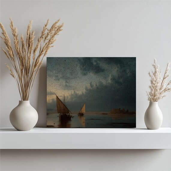 Moody Sailboats Stormy Sea Dusk Seascape Poster Nautical Artwork
