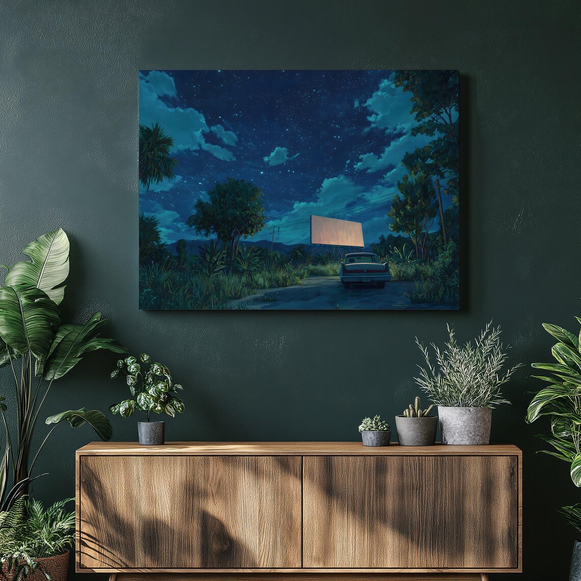 Retro Drive In Classic Car Starry Night Cinema Scene Art Poster