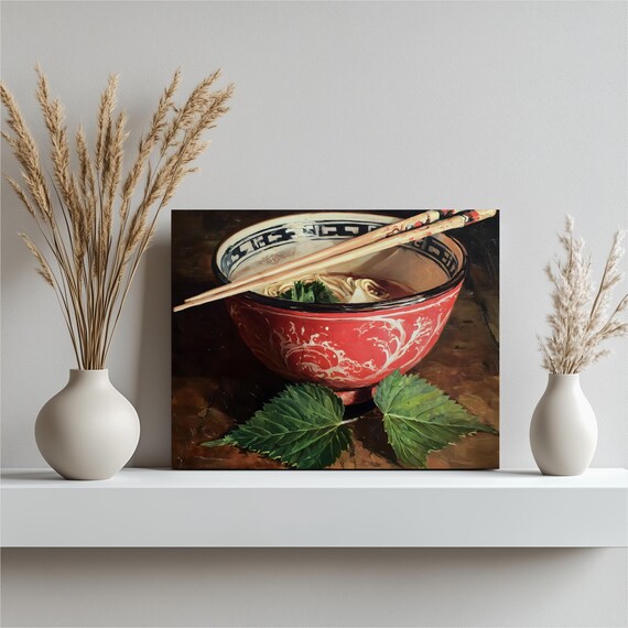 Red Ramen Noodle Bowl Chopsticks Asian Food Kitchen Art Poster