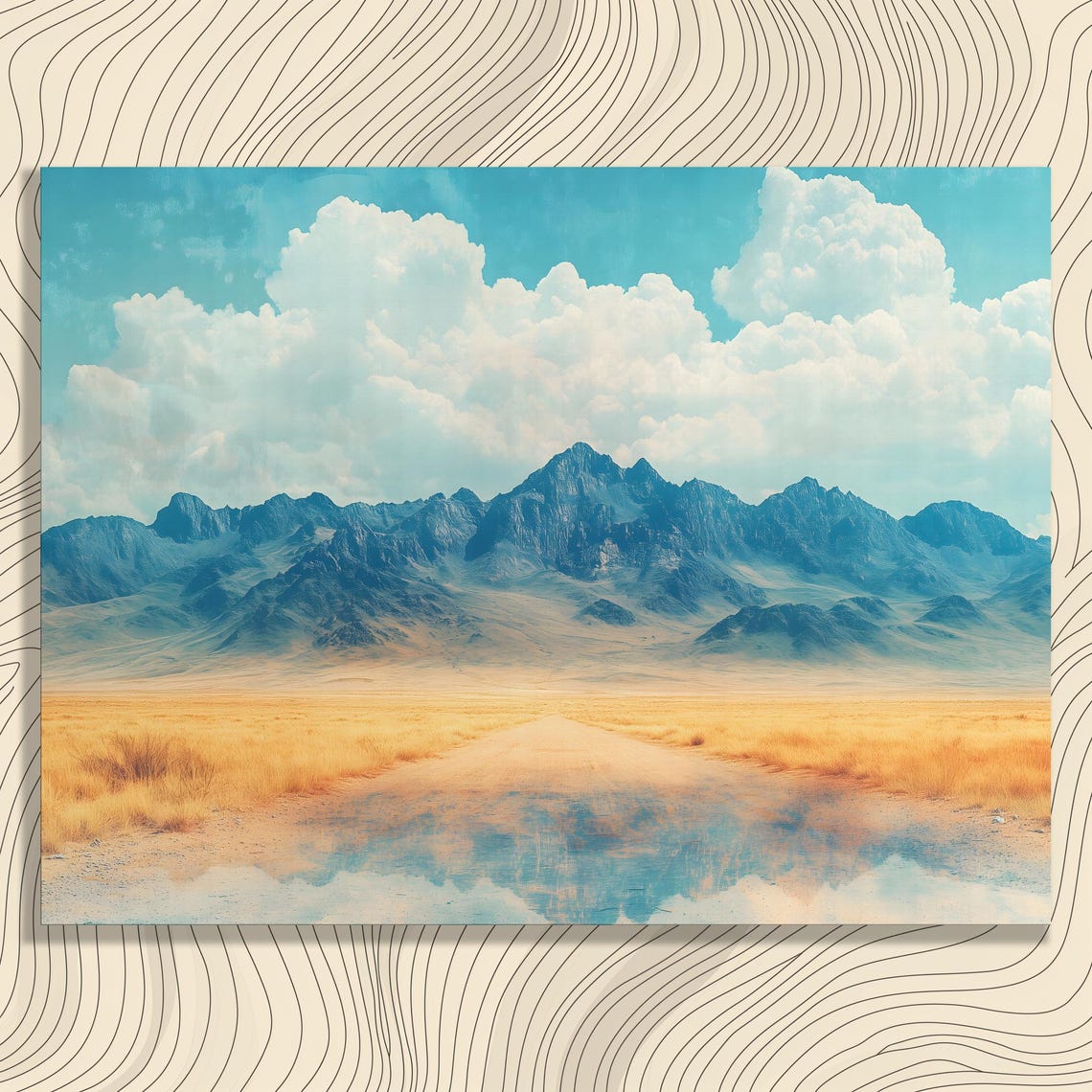 Desert Mountains Golden Grass Turquoise Sky Serene Landscape Wall Art