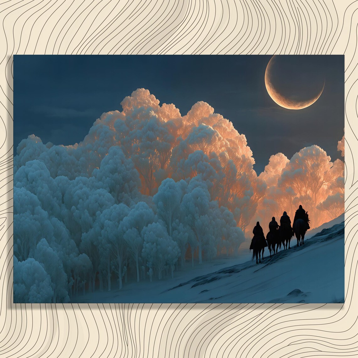 Moonlit Horse Riders Snowy Forest Crescent Moon Night Art Poster