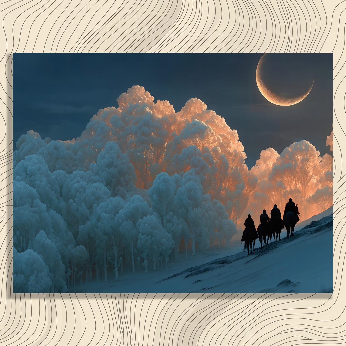 Serene Crescent Moon Canvas Wall Art Moonlit Forest With Glowing Trees And Horse Riding Journey In Modern Landscape Print Dusk Glow